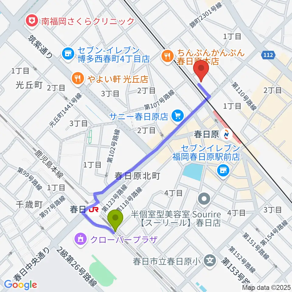 春日駅からjmc音楽教室へのルートマップ地図