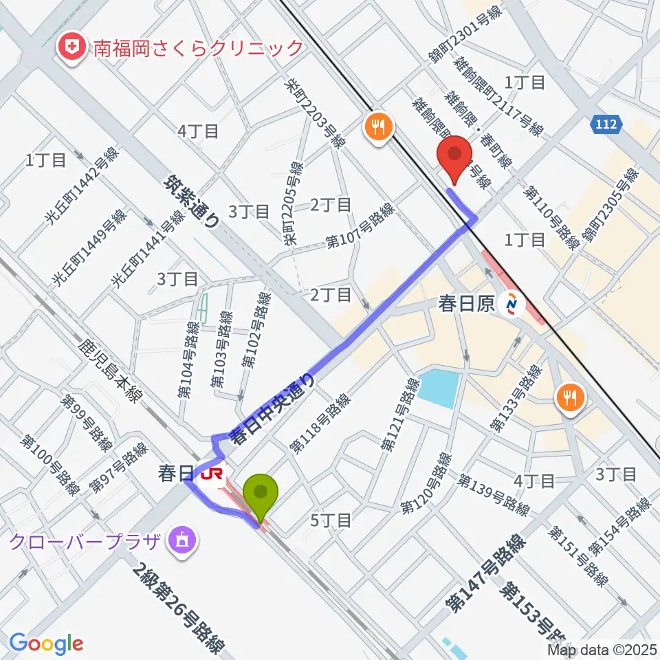 春日駅からjmc音楽教室へのルートマップ地図