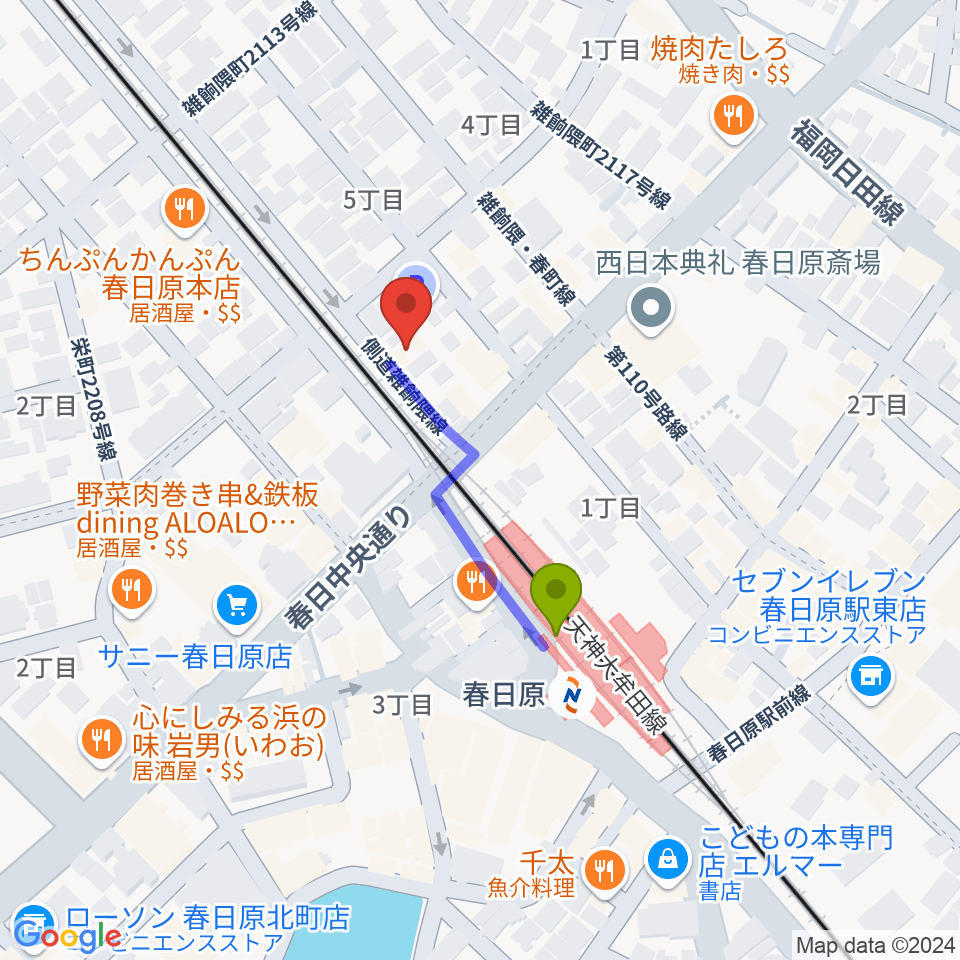 jmc音楽教室の最寄駅春日原駅からの徒歩ルート（約3分）地図