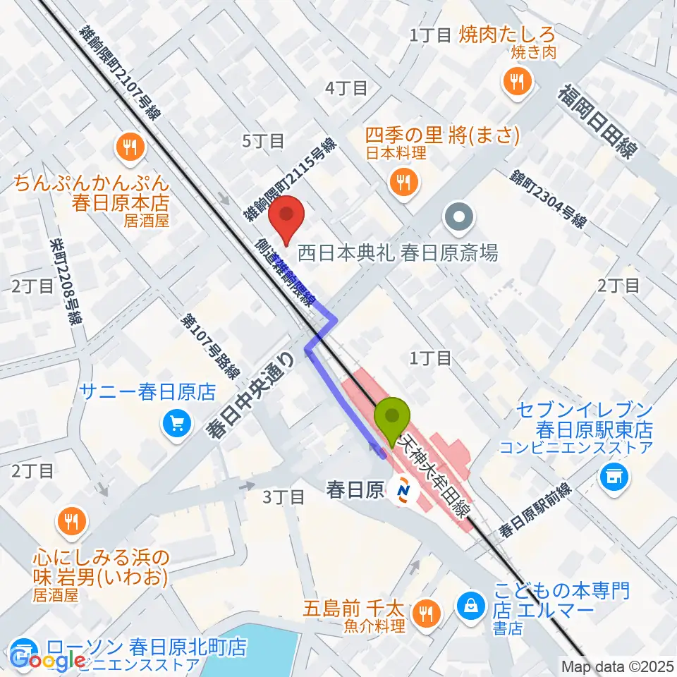 jmc音楽教室の最寄駅春日原駅からの徒歩ルート（約3分）地図