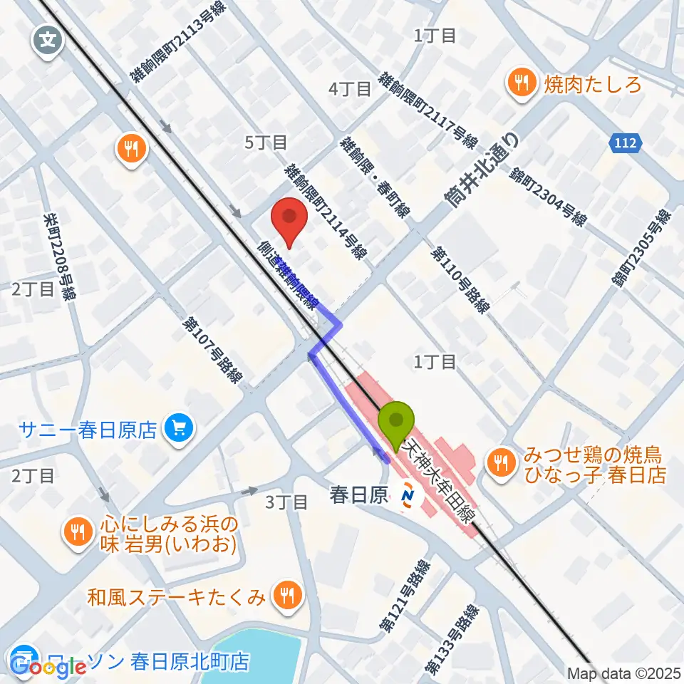 jmc音楽教室の最寄駅春日原駅からの徒歩ルート（約3分）地図