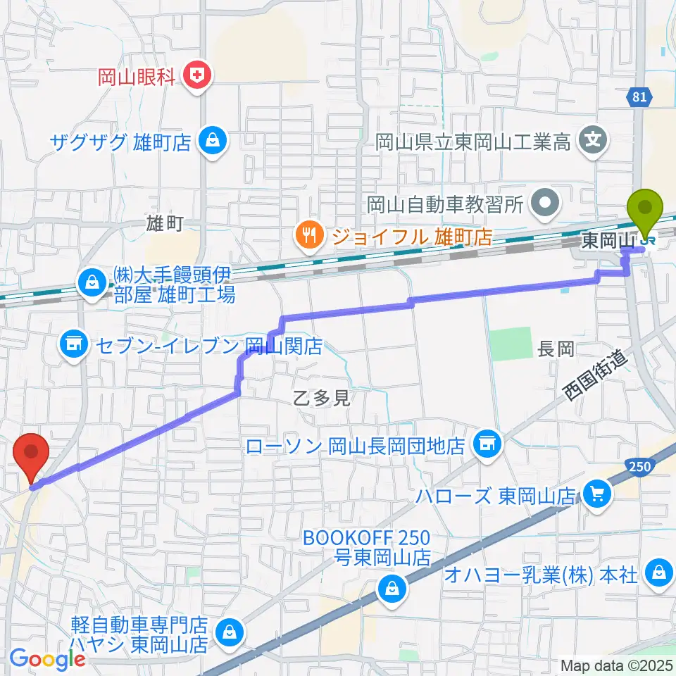 東岡山駅から山陽こだま楽器 東岡山店へのルートマップ地図