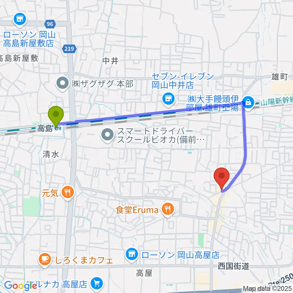 山陽こだま楽器 東岡山店の最寄駅高島駅からの徒歩ルート（約19分）地図