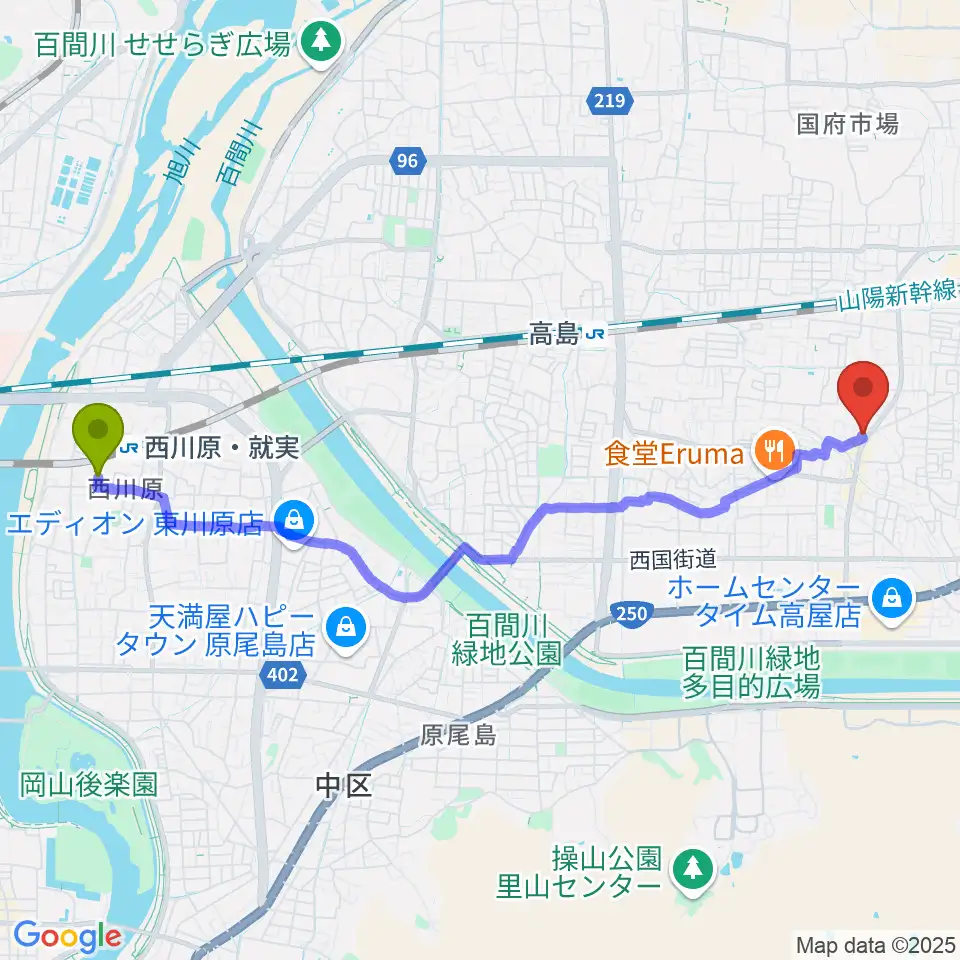 西川原駅から山陽こだま楽器 東岡山店へのルートマップ地図