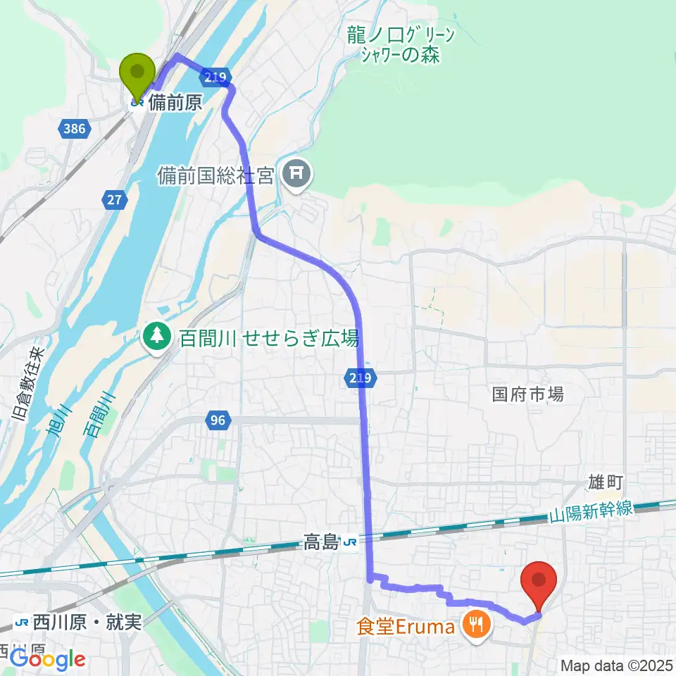 備前原駅から山陽こだま楽器 東岡山店へのルートマップ地図