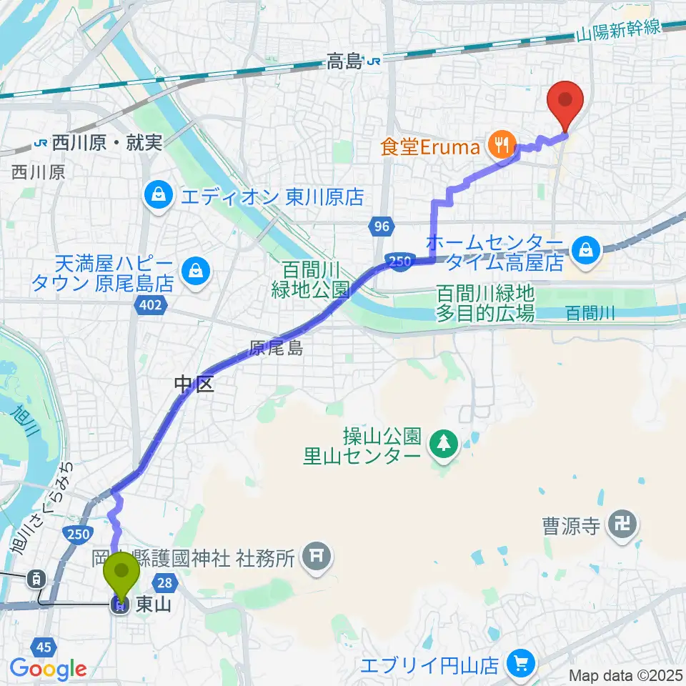 東山駅から山陽こだま楽器 東岡山店へのルートマップ地図