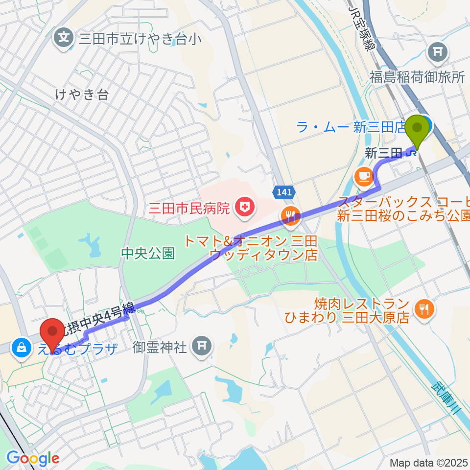 新三田駅からあんだんての会音楽教室へのルートマップ地図