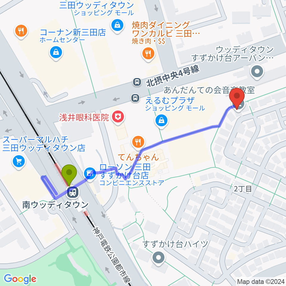 あんだんての会音楽教室の最寄駅南ウッディタウン駅からの徒歩ルート（約5分）地図