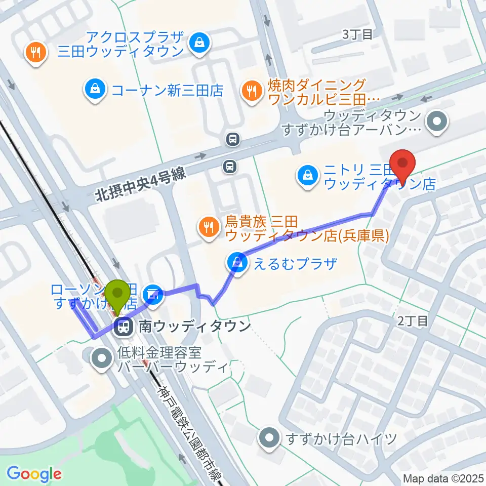 あんだんての会音楽教室の最寄駅南ウッディタウン駅からの徒歩ルート（約5分）地図