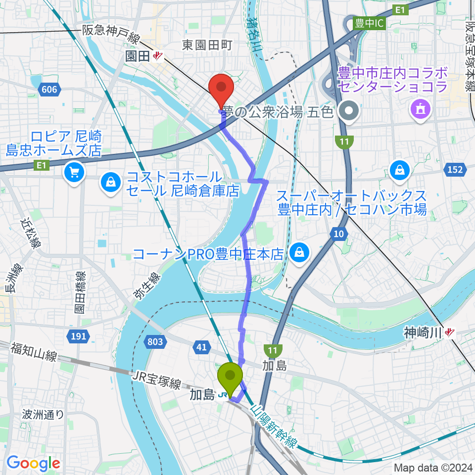 加島駅からShineヴォーカル教室へのルートマップ地図