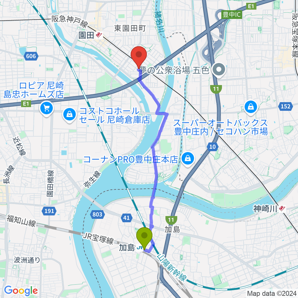 加島駅からShineヴォーカル教室へのルートマップ地図