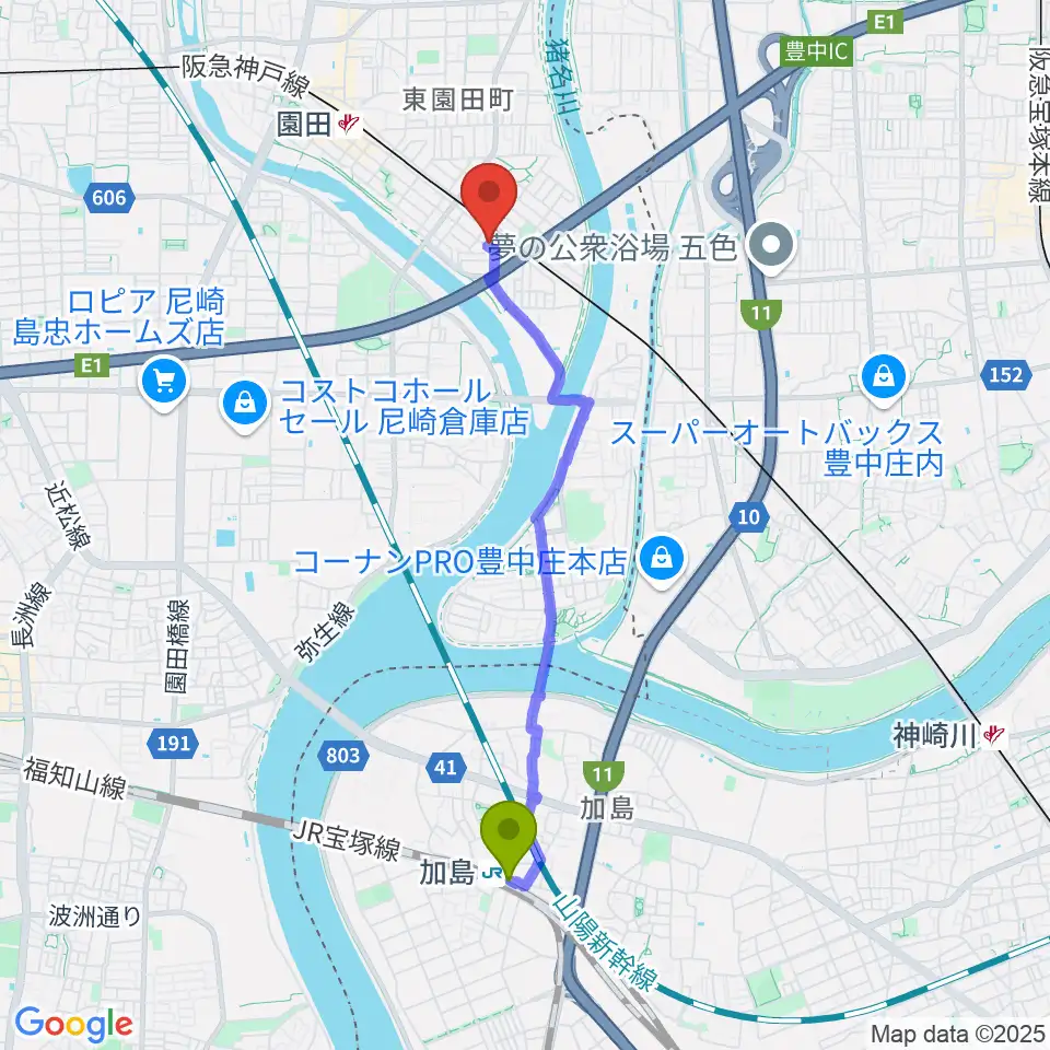 加島駅からShineヴォーカル教室へのルートマップ地図