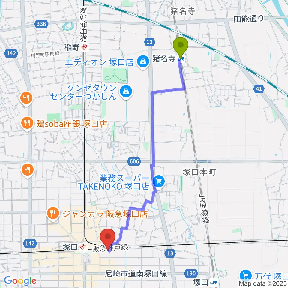 猪名寺駅からShineヴォーカル教室へのルートマップ地図
