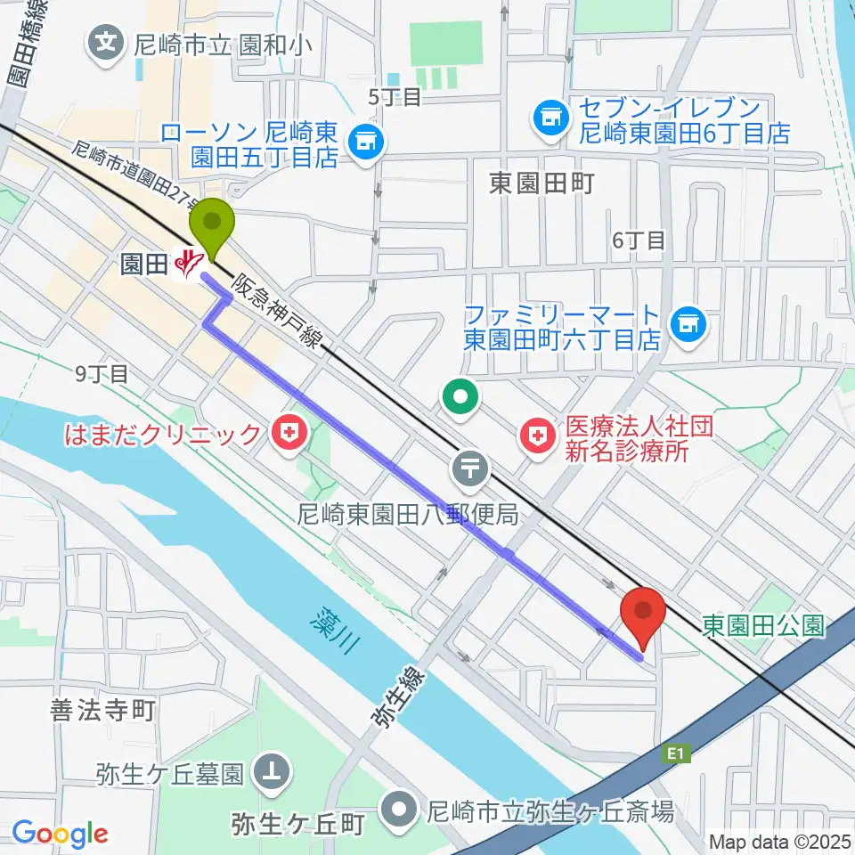 Shineヴォーカル教室の最寄駅園田駅からの徒歩ルート（約11分）地図