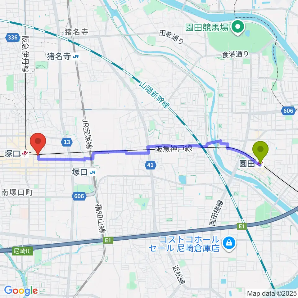 園田駅からShineヴォーカル教室へのルートマップ地図
