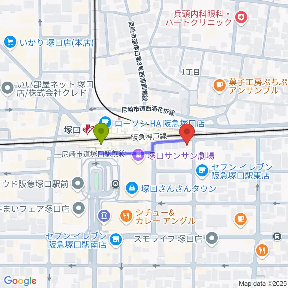 Shineヴォーカル教室の最寄駅塚口駅からの徒歩ルート（約2分）地図