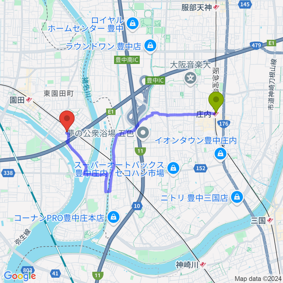 庄内駅からShineヴォーカル教室へのルートマップ地図