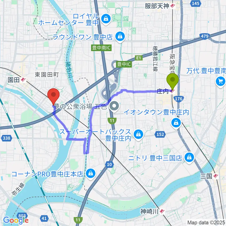 庄内駅からShineヴォーカル教室へのルートマップ地図