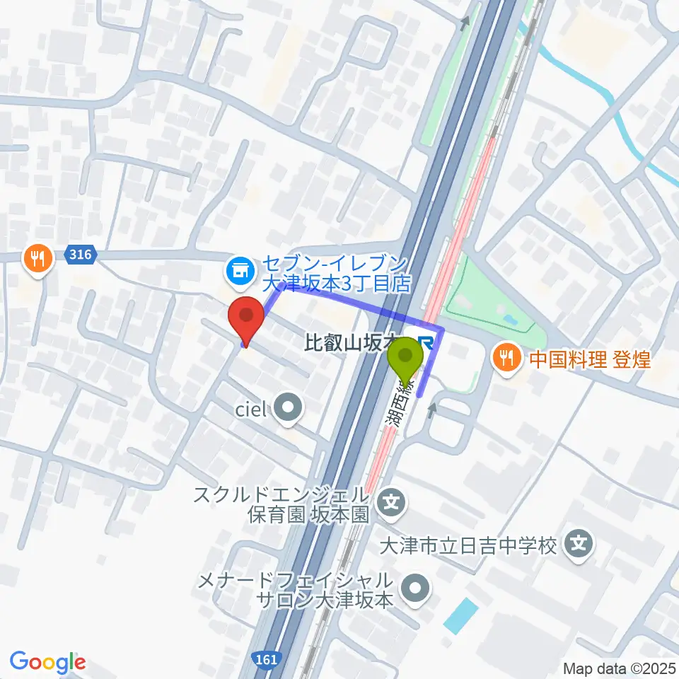 スタジオピッコロの最寄駅比叡山坂本駅からの徒歩ルート（約2分）地図