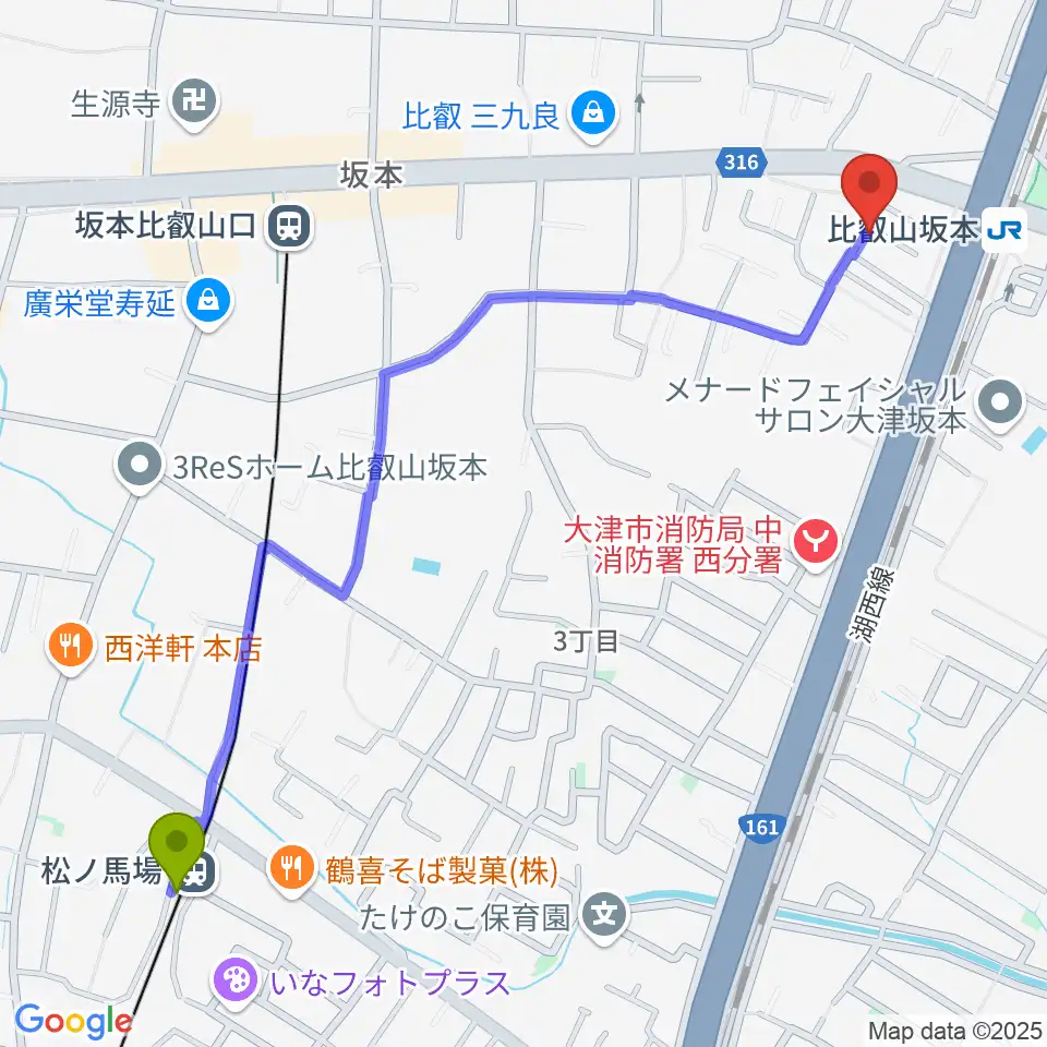松ノ馬場駅からスタジオピッコロへのルートマップ地図