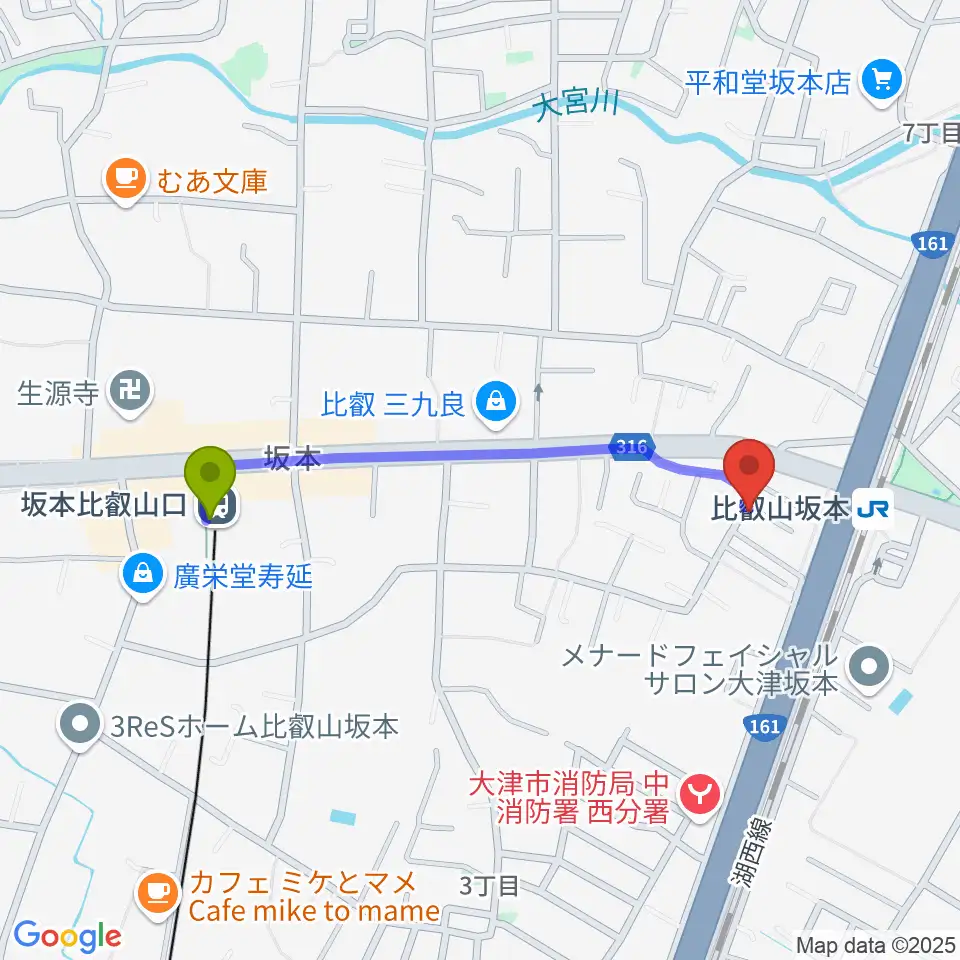 坂本比叡山口駅からスタジオピッコロへのルートマップ地図