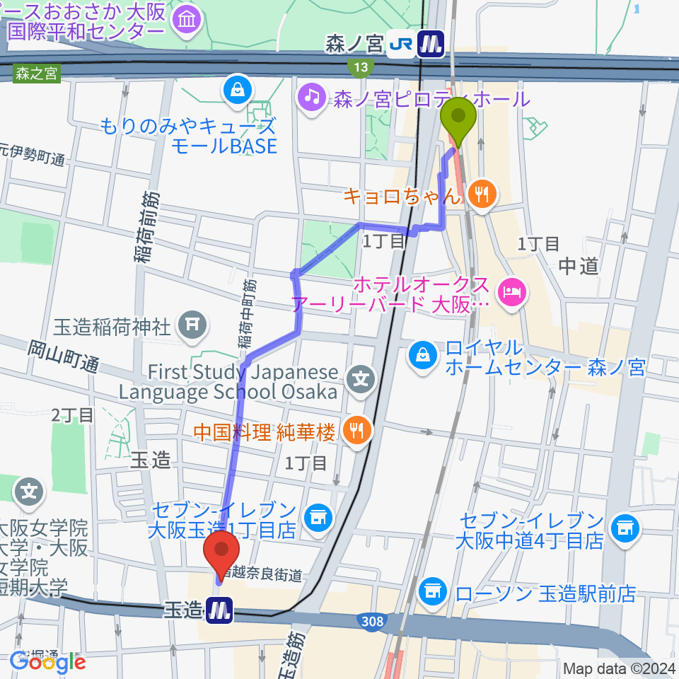 森ノ宮駅から玉造ギタースクールへのルートマップ地図