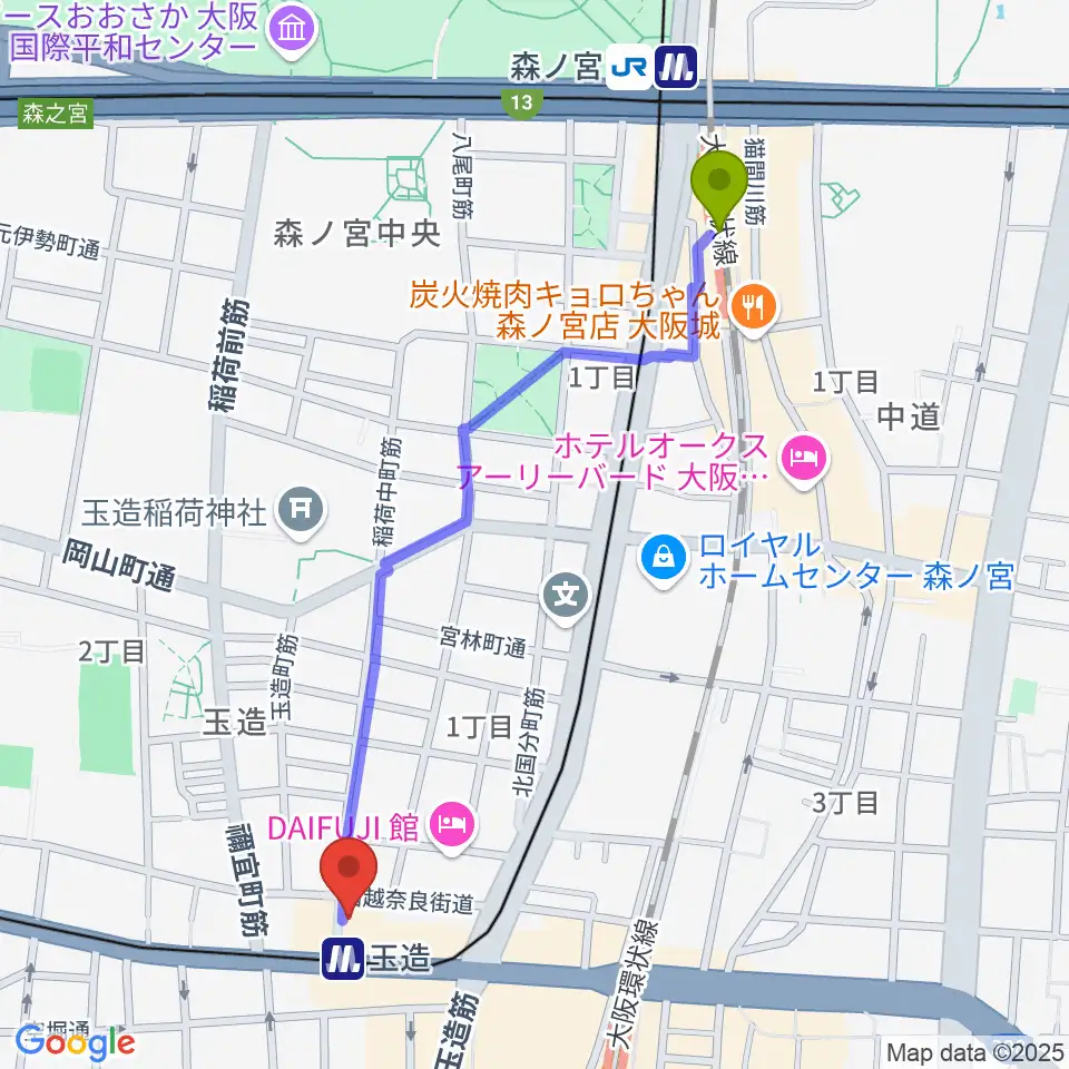 森ノ宮駅から玉造ギタースクールへのルートマップ地図
