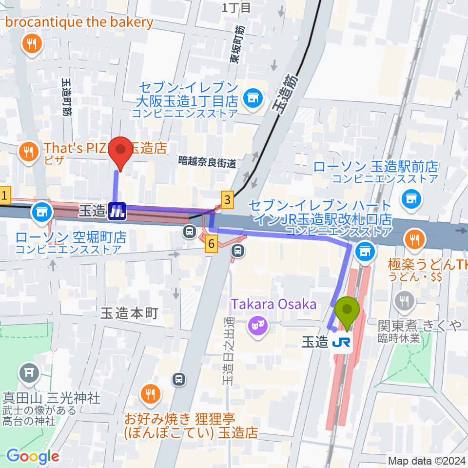 玉造ギタースクールの最寄駅玉造駅からの徒歩ルート（約5分）地図