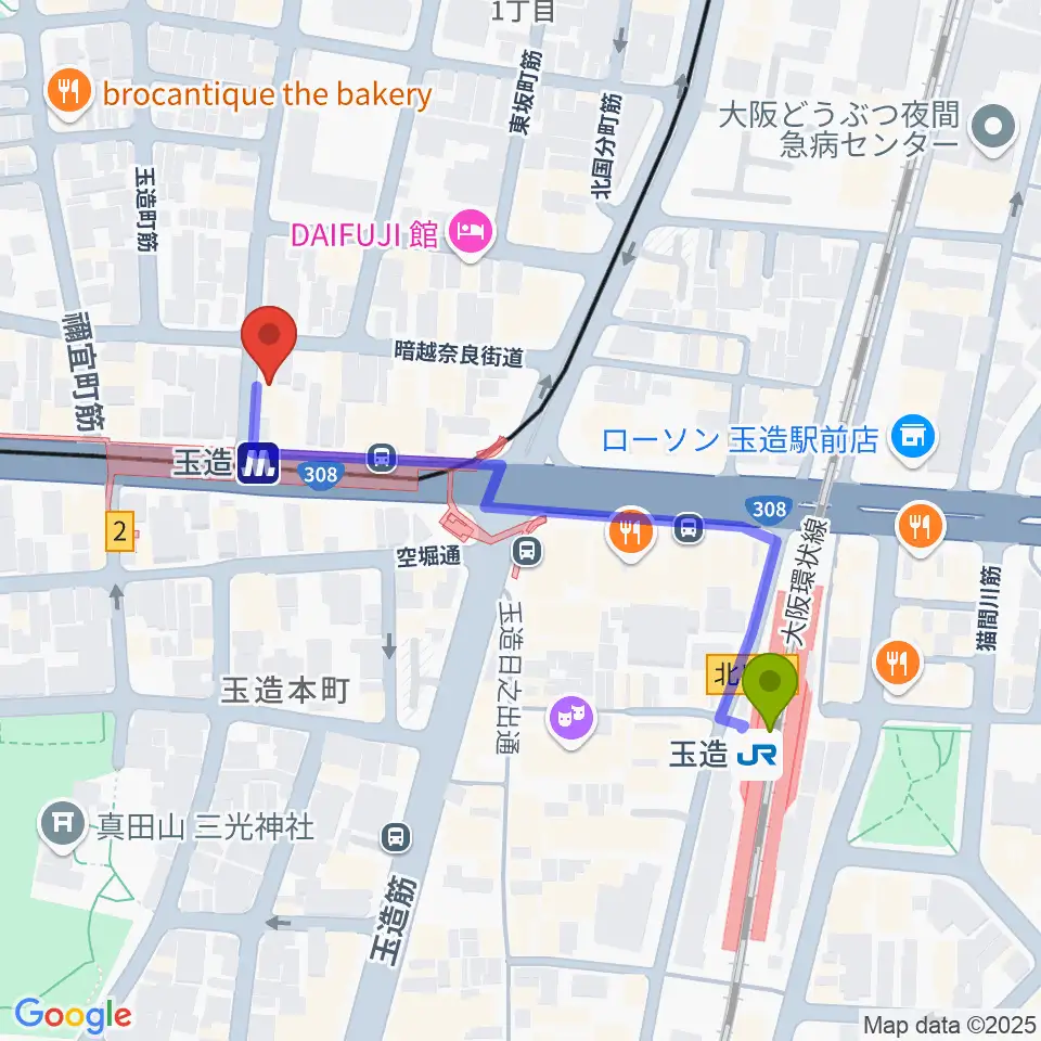 玉造ギタースクールの最寄駅玉造駅からの徒歩ルート（約5分）地図