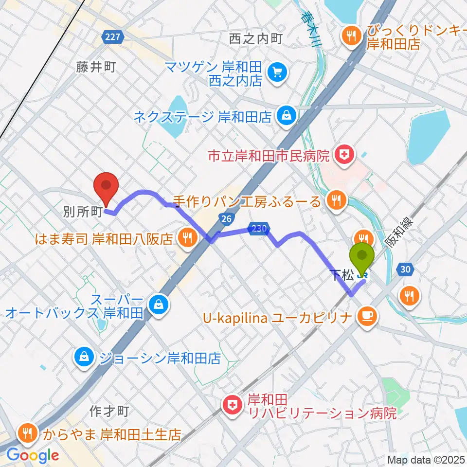 下松駅から関西音楽院へのルートマップ地図