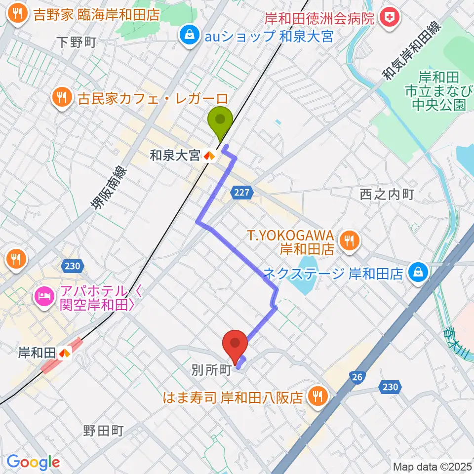 和泉大宮駅から関西音楽院へのルートマップ地図