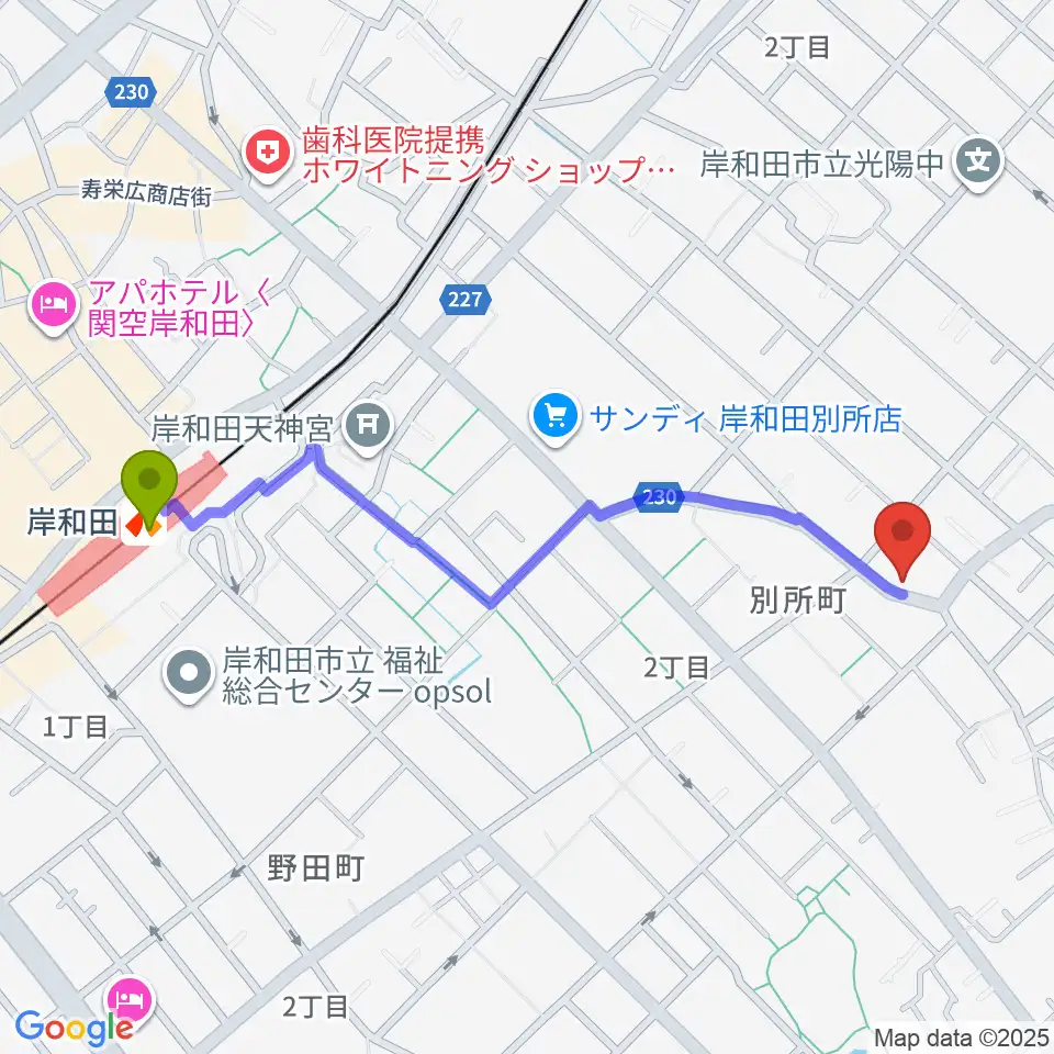 関西音楽院の最寄駅岸和田駅からの徒歩ルート（約11分）地図