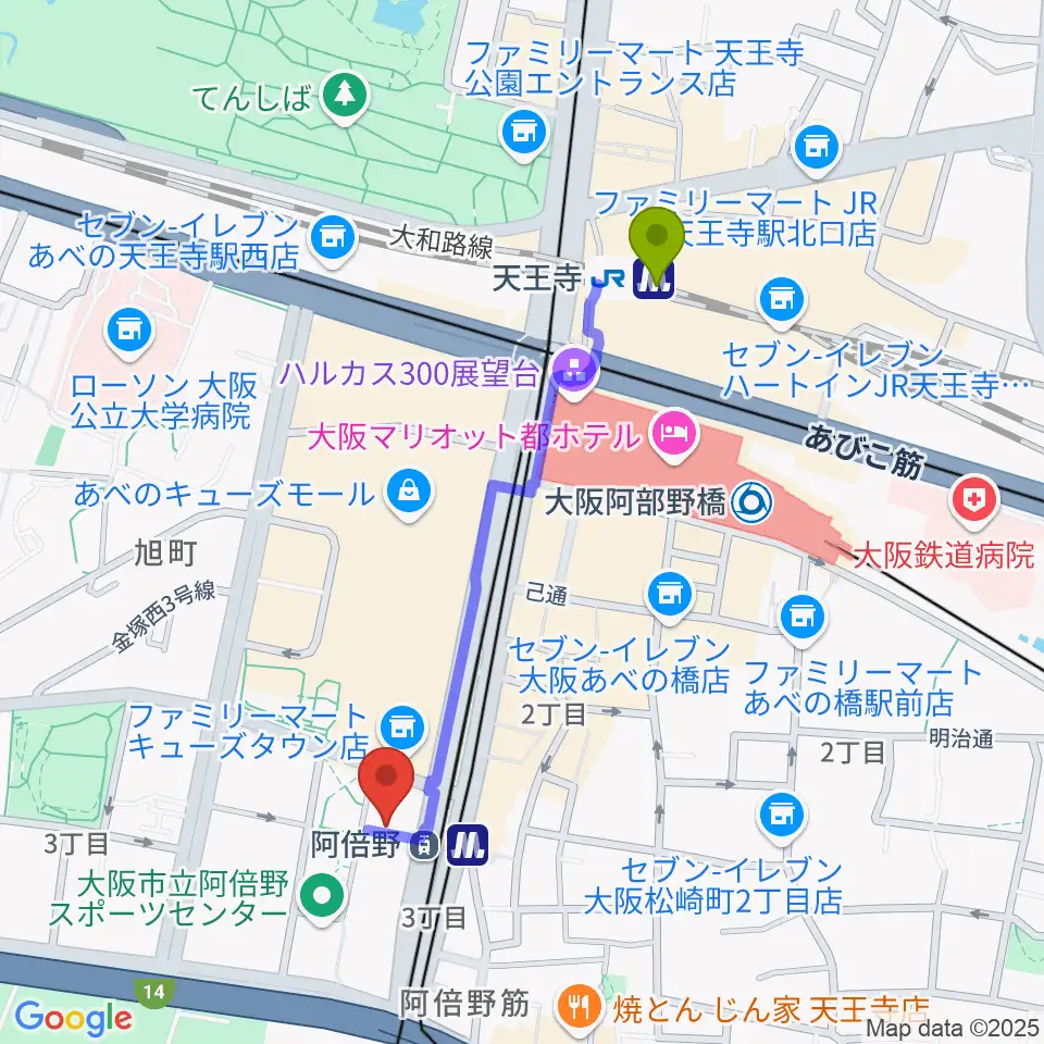 天王寺駅からあべぷらんカルチャーわのわへのルートマップ地図