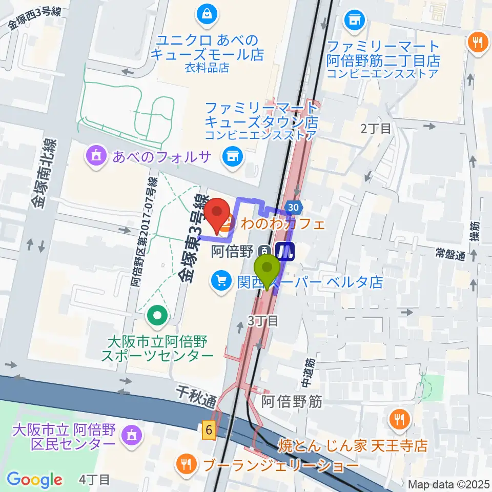 あべぷらんカルチャーわのわの最寄駅阿倍野駅からの徒歩ルート（約1分）地図