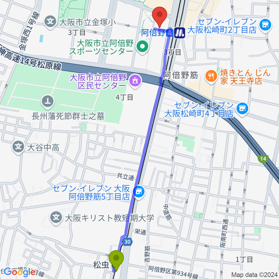 松虫駅からあべぷらんカルチャーわのわへのルートマップ地図