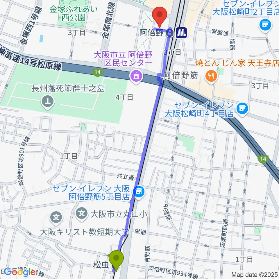 松虫駅からあべぷらんカルチャーわのわへのルートマップ地図
