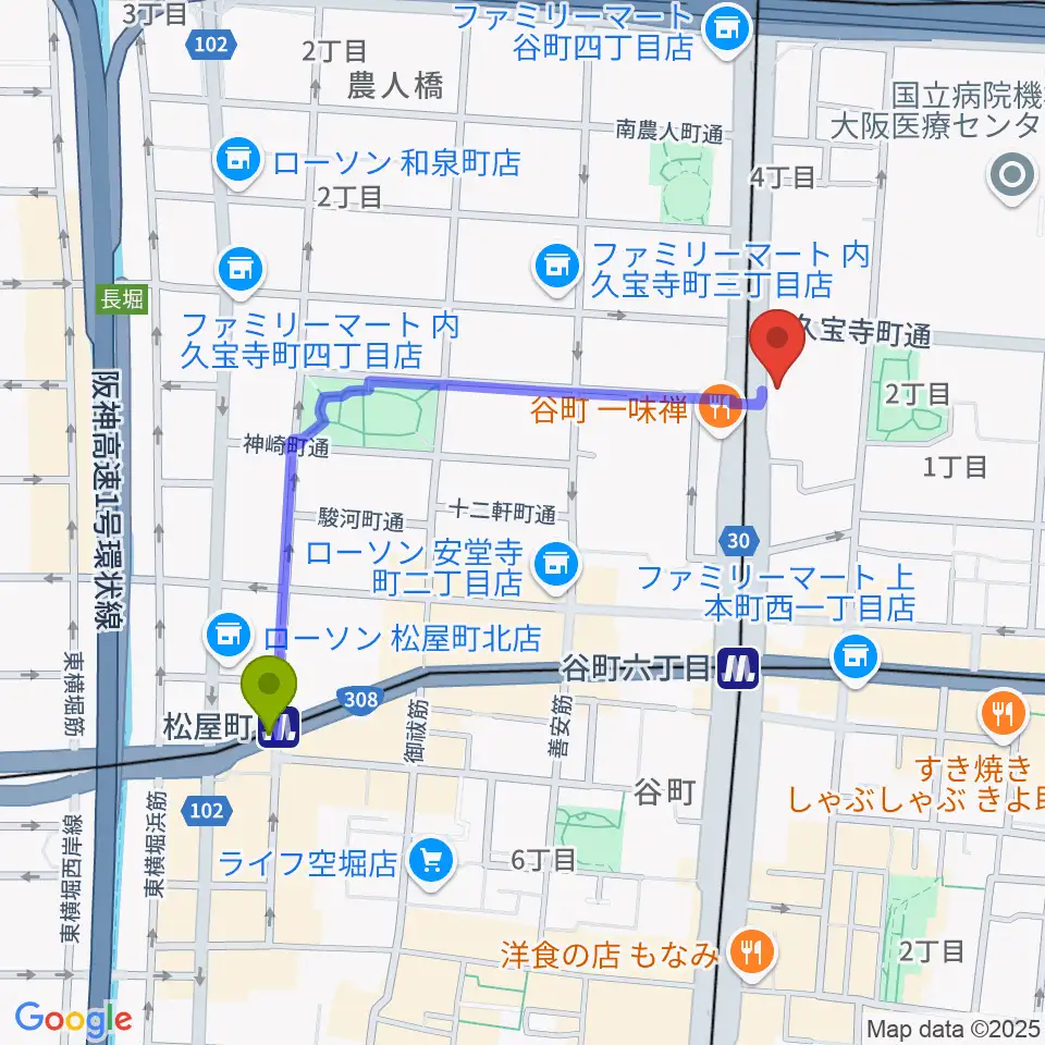 松屋町駅からムジークドルフへのルートマップ地図