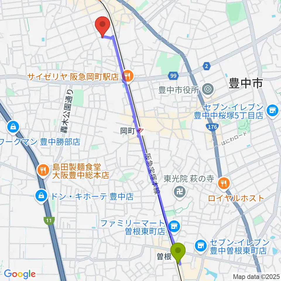 曽根駅からショパンピアノ音楽院へのルートマップ地図