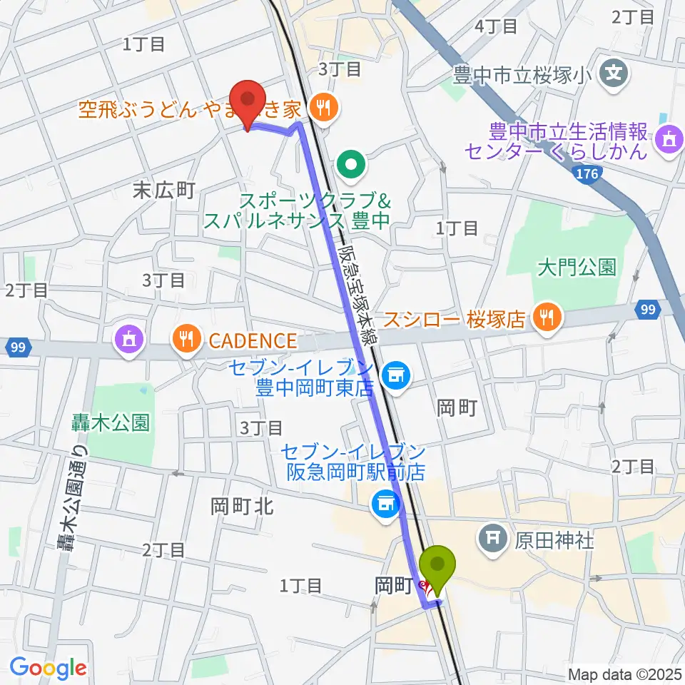 岡町駅からショパンピアノ音楽院へのルートマップ地図