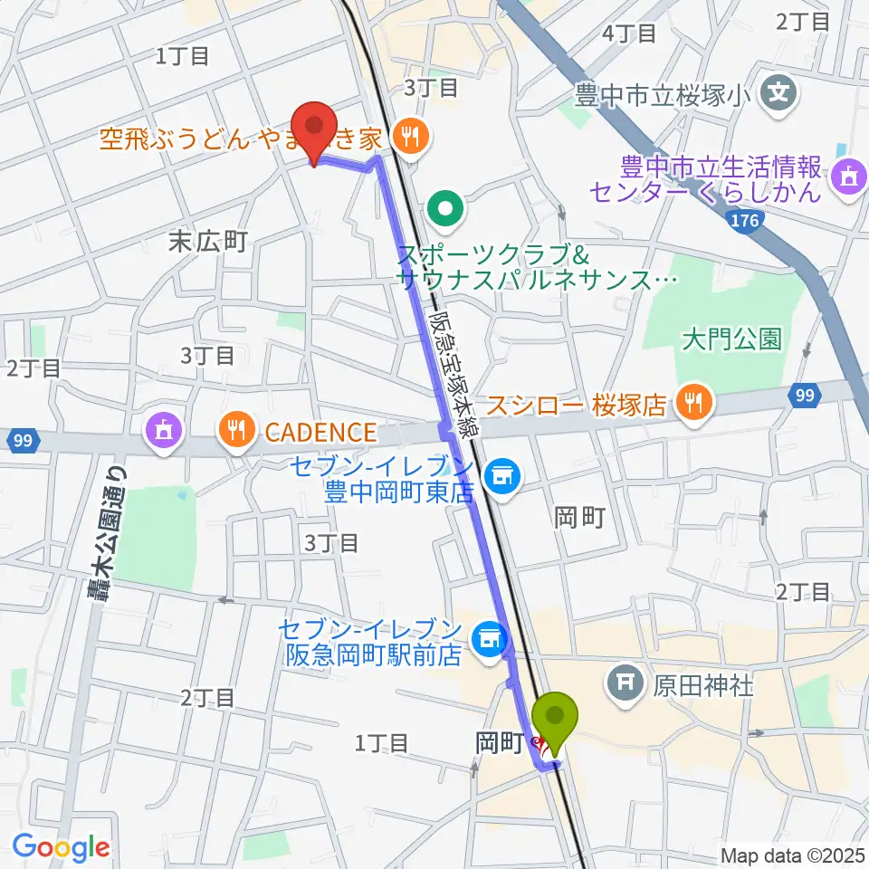 岡町駅からショパンピアノ音楽院へのルートマップ地図