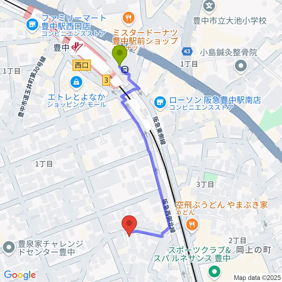 ショパンピアノ音楽院の最寄駅豊中駅からの徒歩ルート（約5分）地図