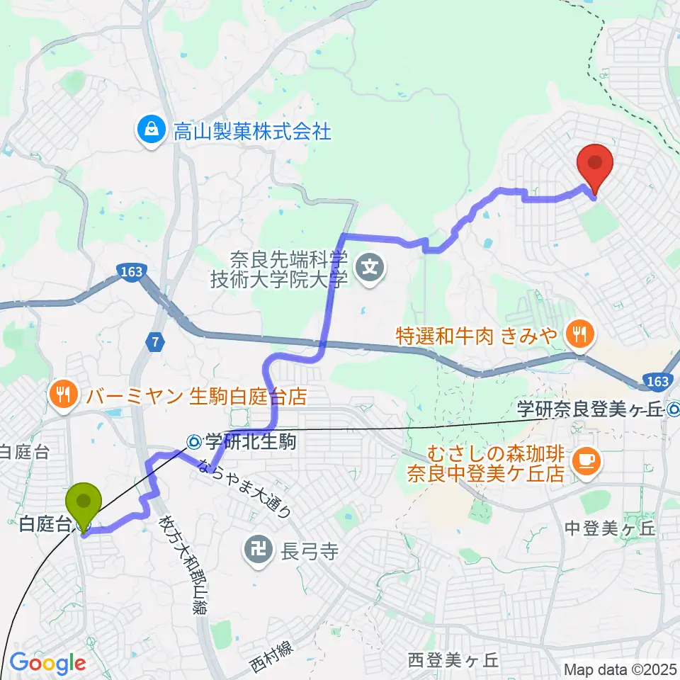 白庭台駅からはせドラムスクールへのルートマップ地図