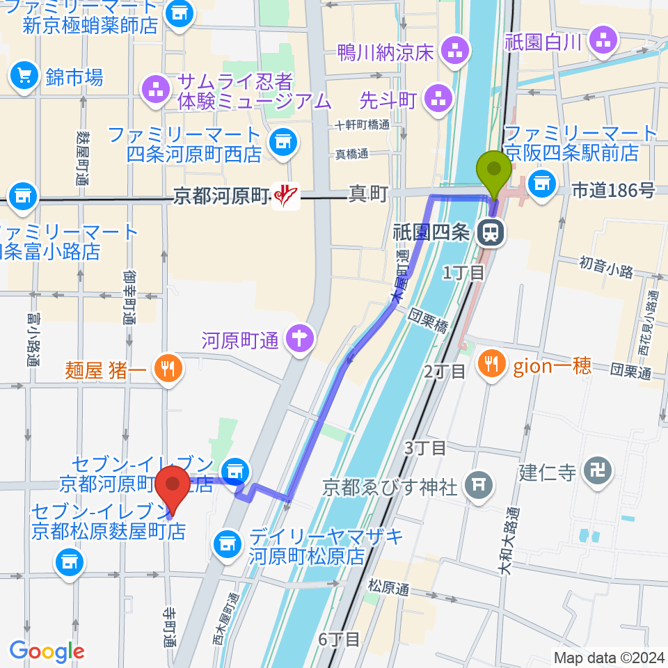 祇園四条駅から京都メゾピアノ音楽教室へのルートマップ地図