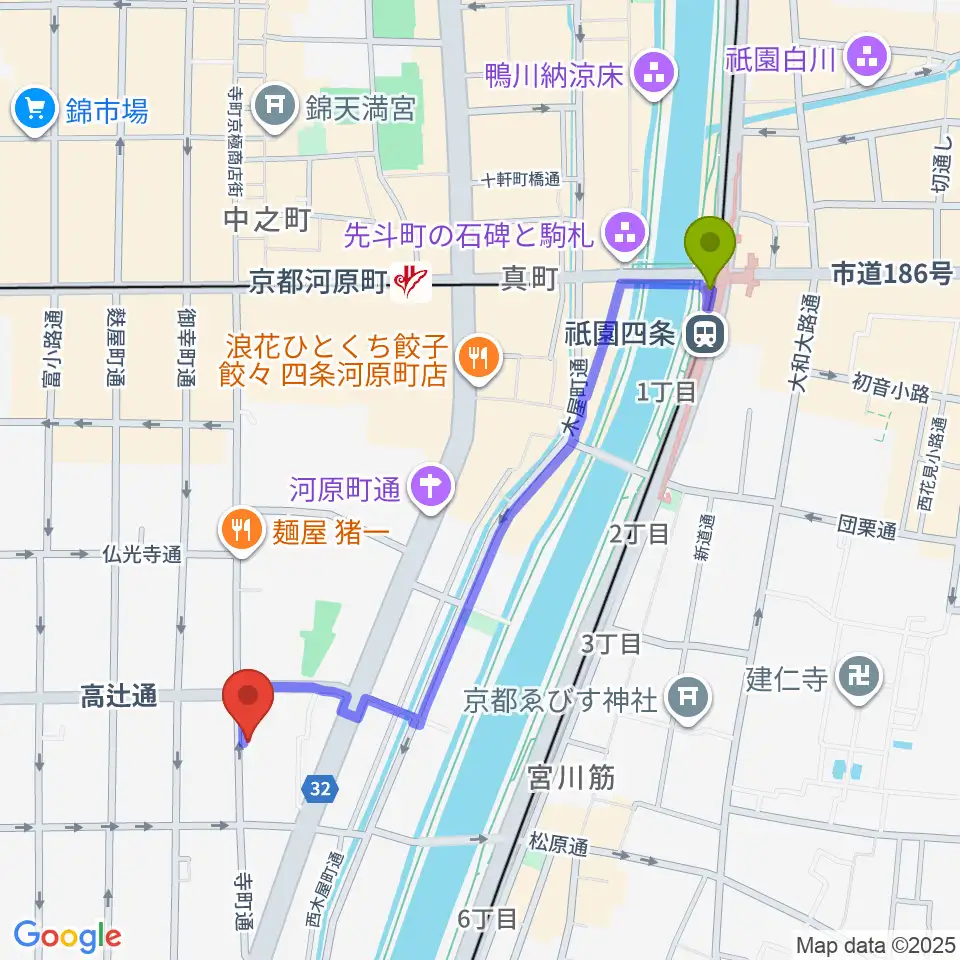 祇園四条駅から京都メゾピアノ音楽教室へのルートマップ地図