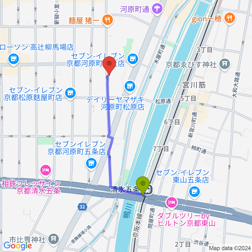 京都メゾピアノ音楽教室の最寄駅清水五条駅からの徒歩ルート（約8分）地図