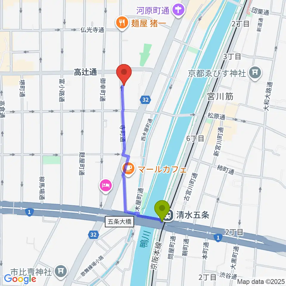 京都メゾピアノ音楽教室の最寄駅清水五条駅からの徒歩ルート（約8分）地図