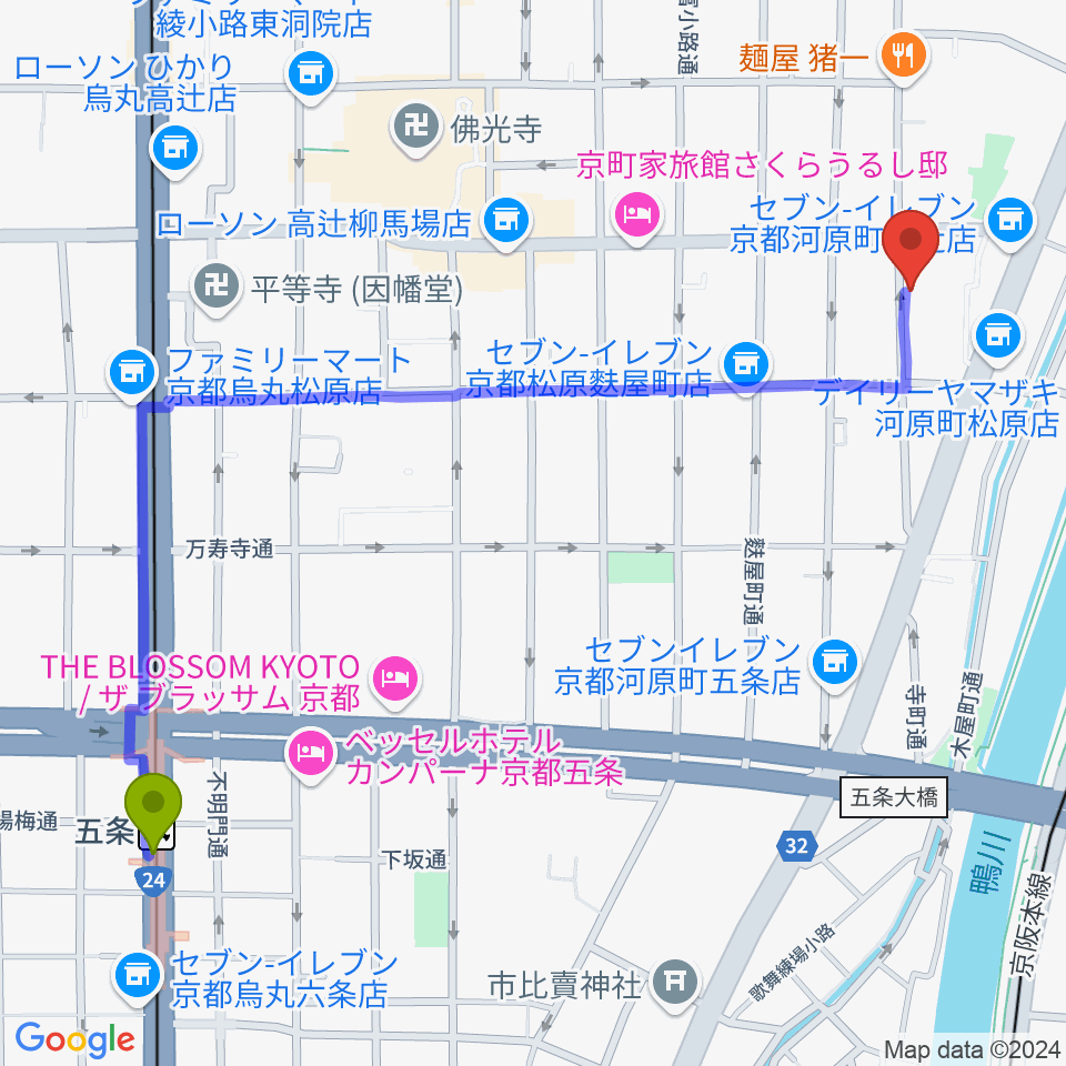 五条駅から京都メゾピアノ音楽教室へのルートマップ地図