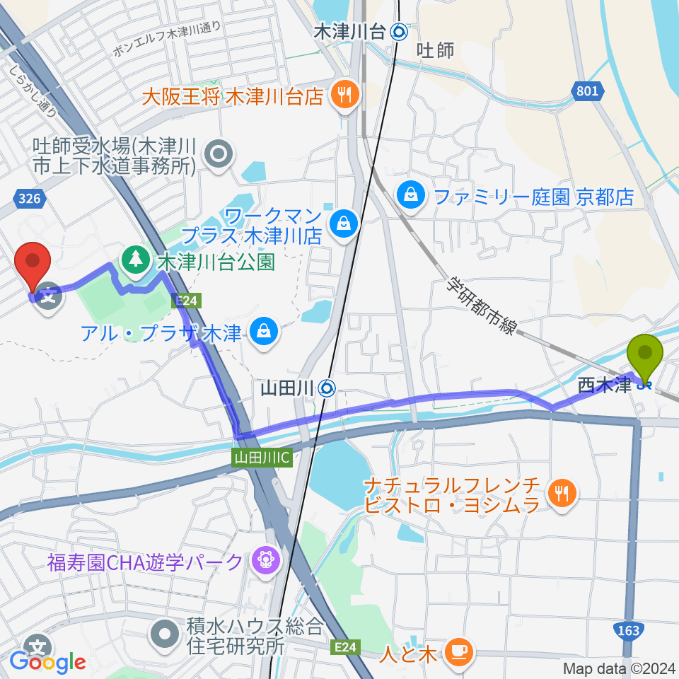 西木津駅からアルテノーヴァへのルートマップ地図