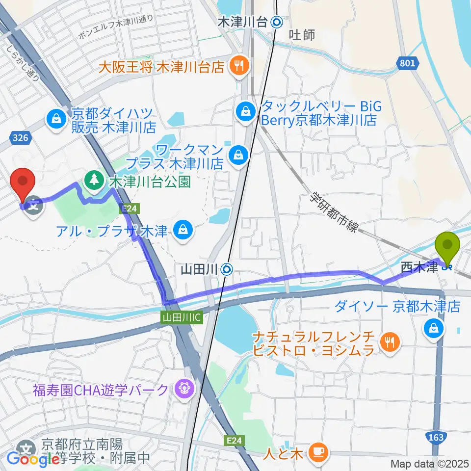 西木津駅からアルテノーヴァへのルートマップ地図