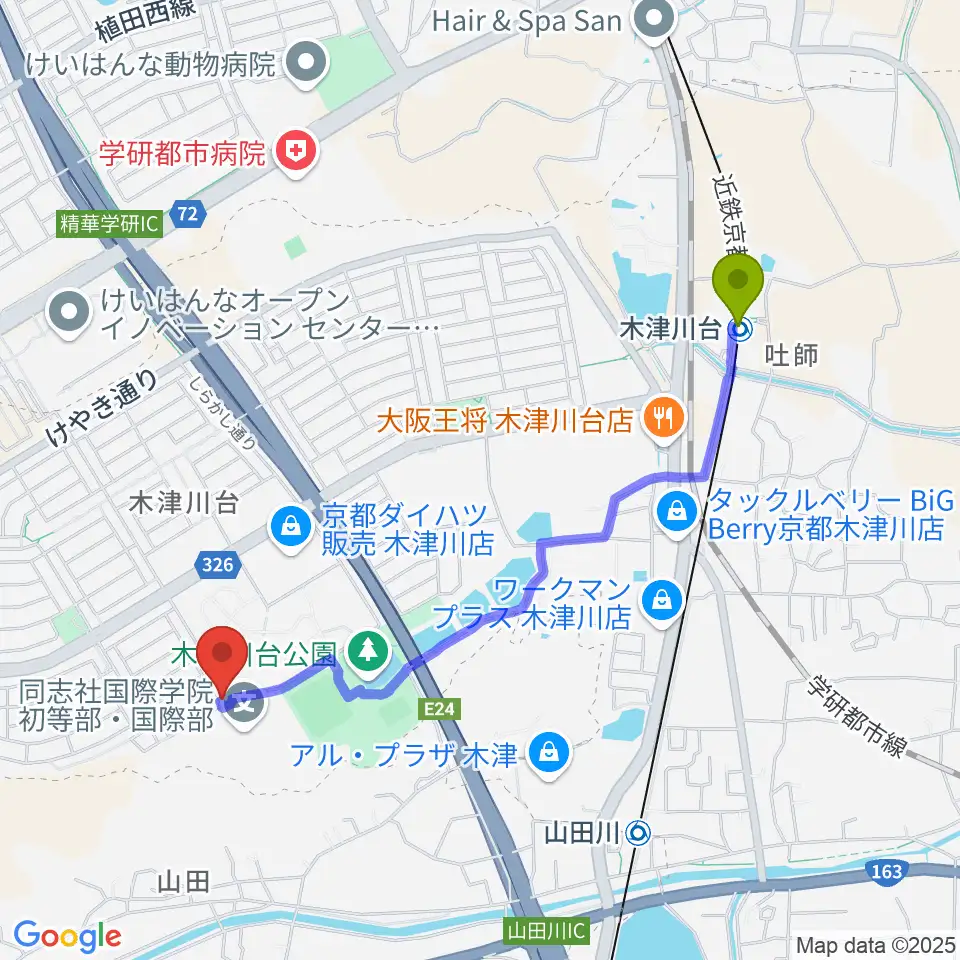 木津川台駅からアルテノーヴァへのルートマップ地図